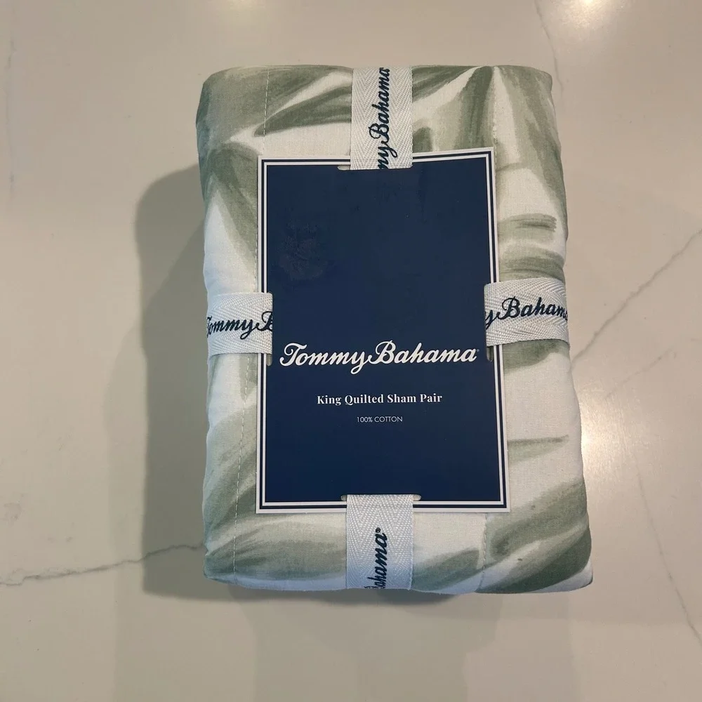 NWT Tommy Bahama King Quilted Sham Aubrey Green Tropical Leaf 100% Cotton 2 pair